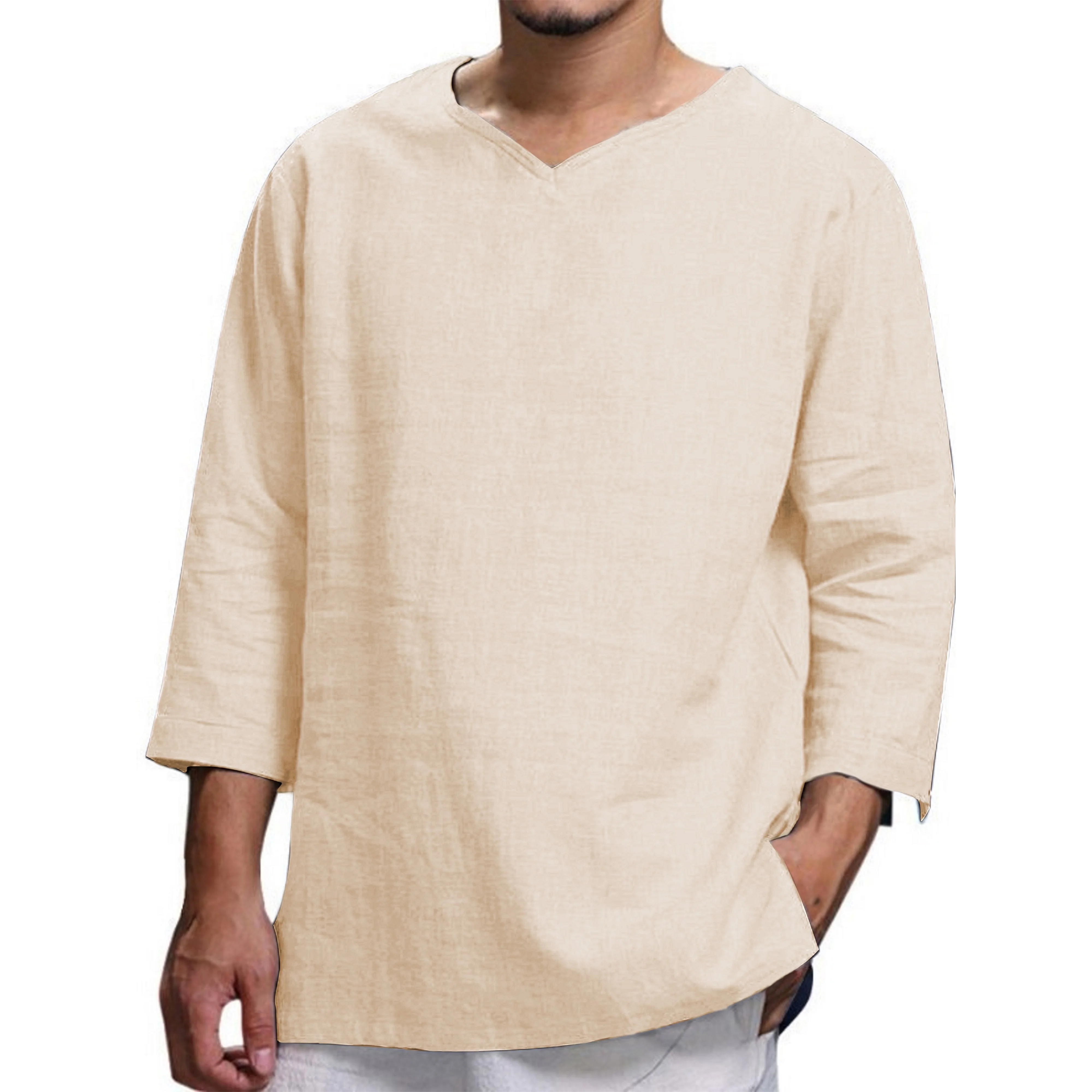 New Men's Spring and Autumn Retro Style Cotton Solid Color Shirt Casual V-neck 3/4 Sleeves Men's All-match Casual