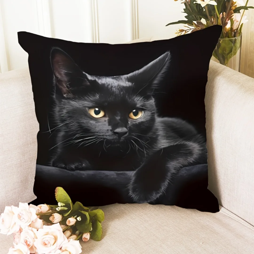 1pc Black Cat Digital Printed Square Cushion Cover for Home Car Sofa Festive Decoration Birthday Gift for Brother Sister 45x45cm
