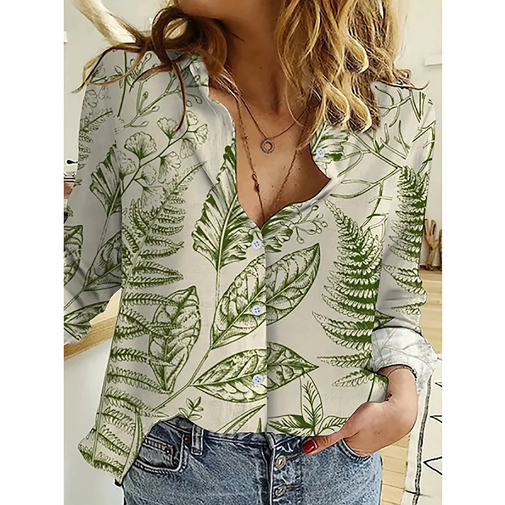 Women\'s Long Sleeve Casual Shirts Turn Down Collar Hemp Fiber Blouse 3d Floral Plant Print Clothes Oversized Female Fashion Tops