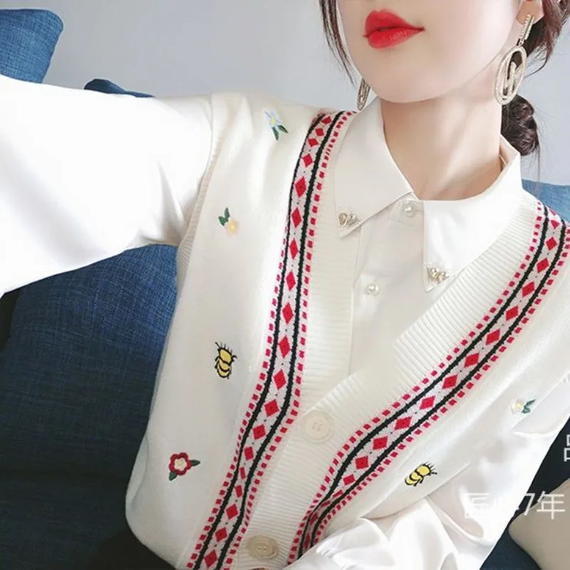 2023 Autumn and Winter Contrast Polo Neck Long Sleeve Embroidery Single Breasted Fake Two Pieces Korean Fashion Casual Tops