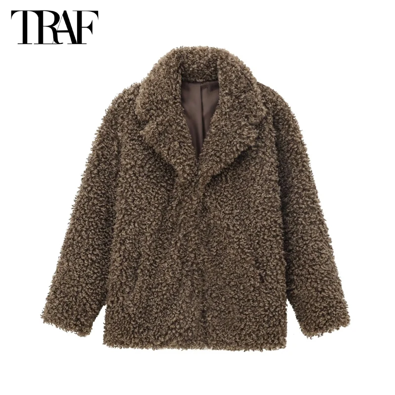 TRAF Faux Fur Teddy Coat Women Outerwears Warm Winter Woman Coat Long Sleeve Fluffy Jacket Women Vintage Hairy Coats for Woman