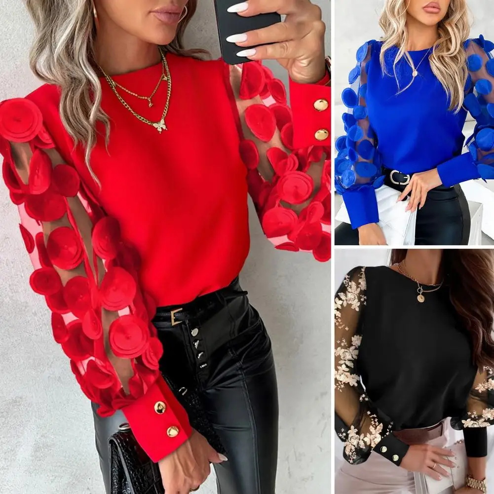 Women Loose Fit Shirt Elegant Women's Mesh Long Sleeve Blouse with Floral Detail Office Commute Style Top for Fall Spring Hollow