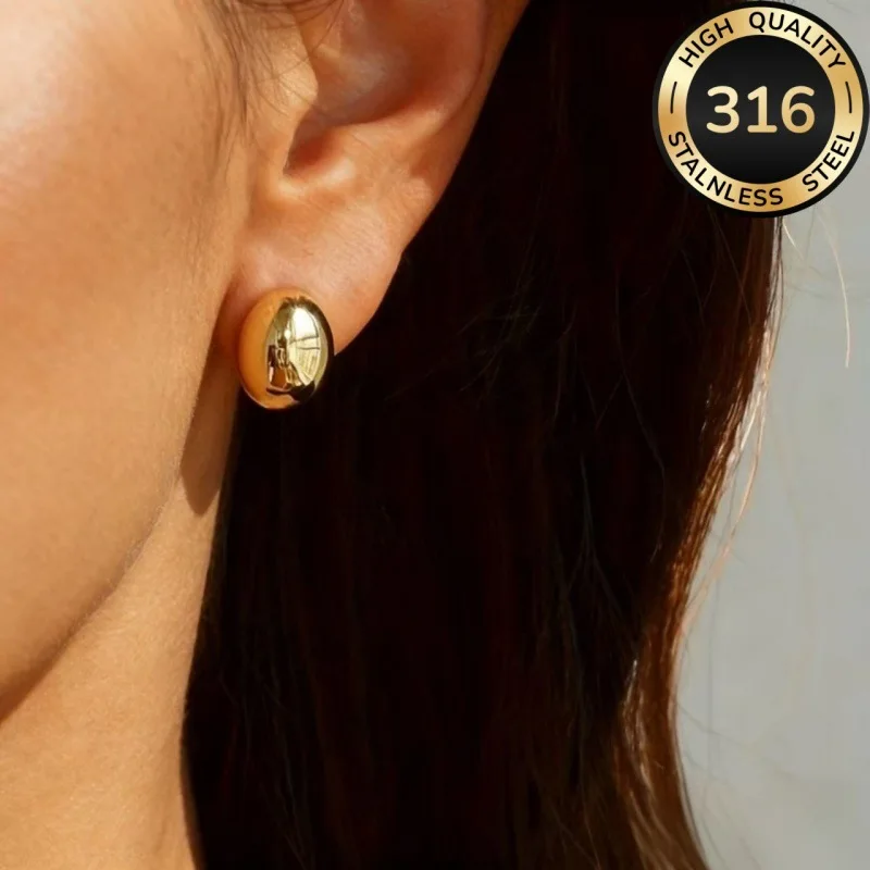 Product Name 316 Stainless Steel Half-Round Bead Earrings Smooth Curved Hemispherical Bean Earrings Texture Technique