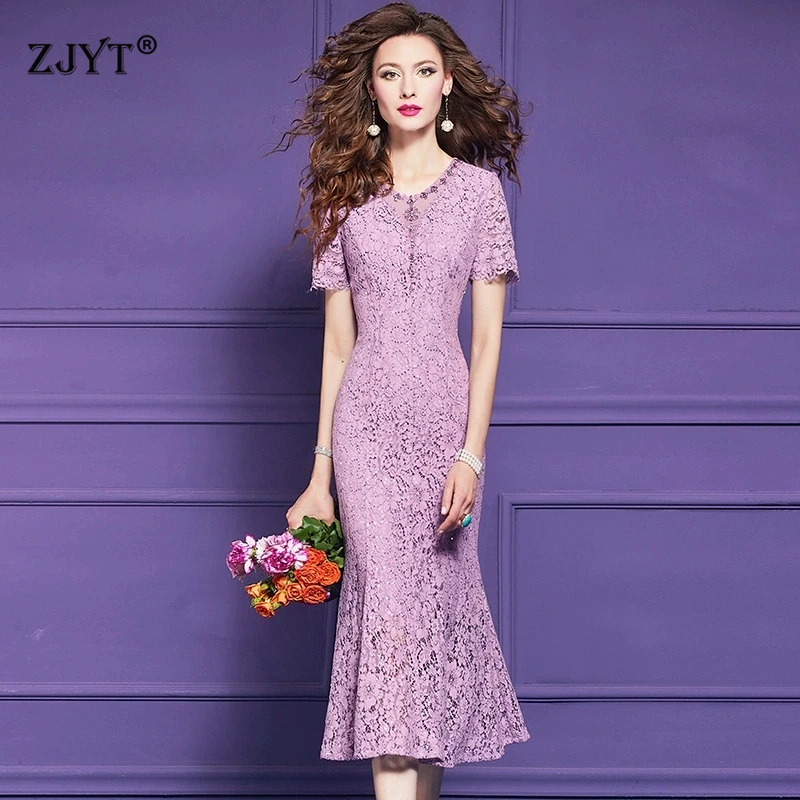 

ZJYT Women's Elegant Beading V Neck Mermaid Lace Dresses Summer Designer Short Sleeve Slim Midi Party Vintage Dress Plus Size