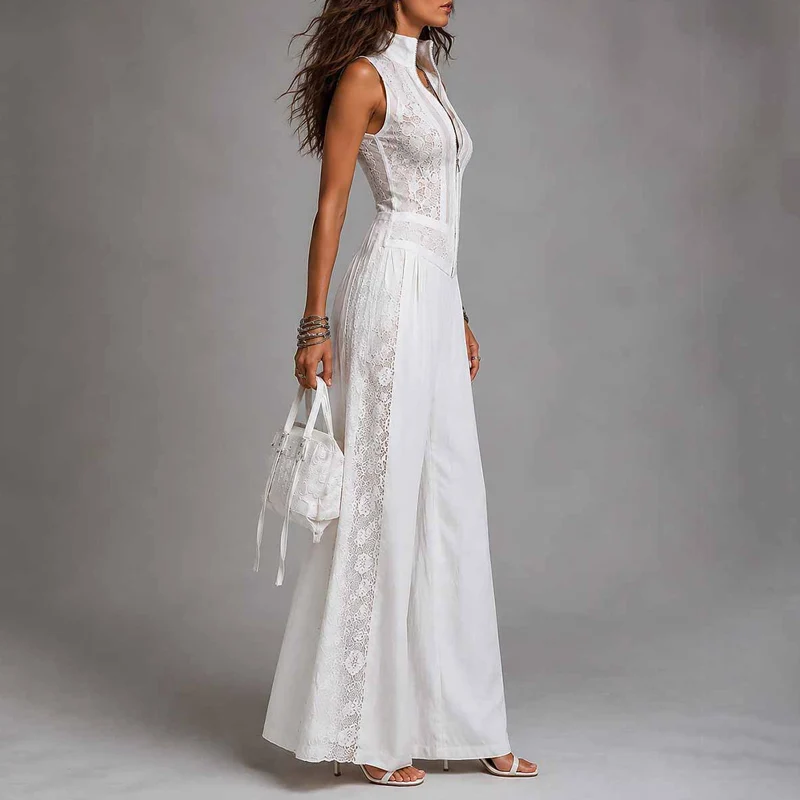 Summer Sleeveless Wide Leg Overalls Women Embroidery Lace Hollow Jumpsuits Spring Stand Collar Zipper Patchwork Playsuit Rompers