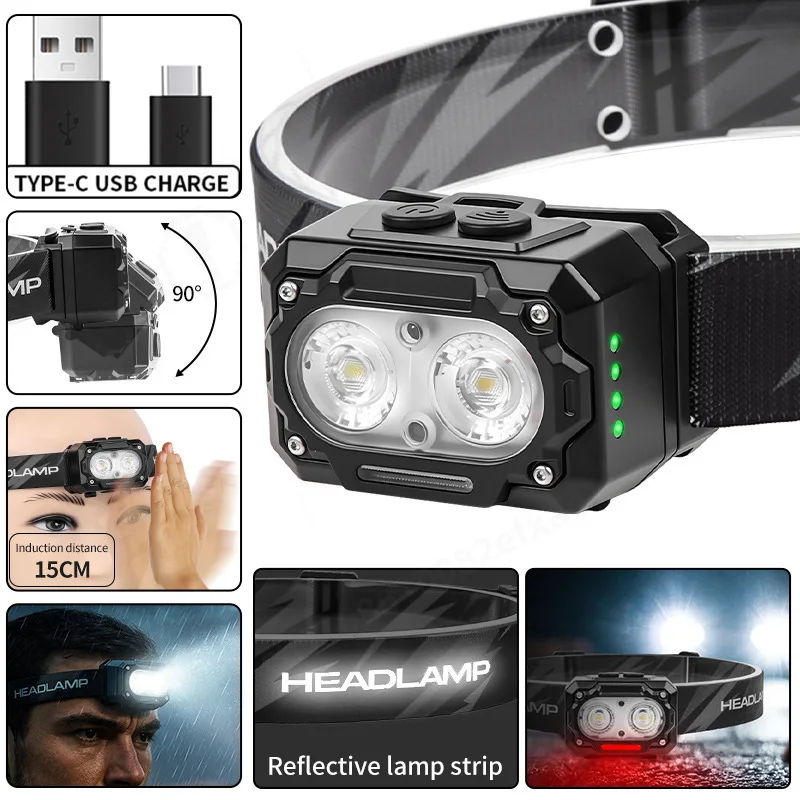 LED Induction Headlight Mini Head Lamp, 3AAA Battery Type‑C Rechargeable Strong Bright Yellow Light Outdoor Portable Headlamp