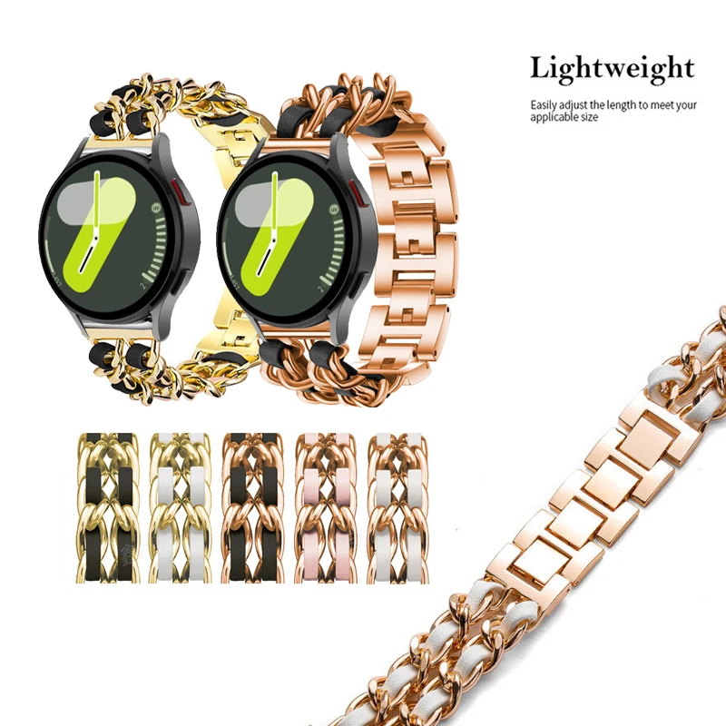 

20mm 22mm Strap Metal Chain Band For Samsung Galaxy Watch 7 / FE / 6 / 5 Pro /4 /3 / Active 2 40mm 44mm Fashion Leather Bracelet