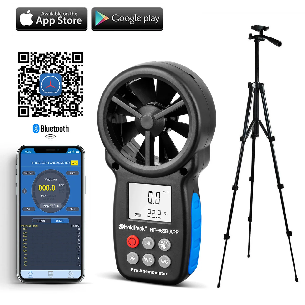 HOLDPEAK HP-866B WiFi Handheld Anemometer Wind Speed & Temperature Meter 5 Switchable Units Backlight Display