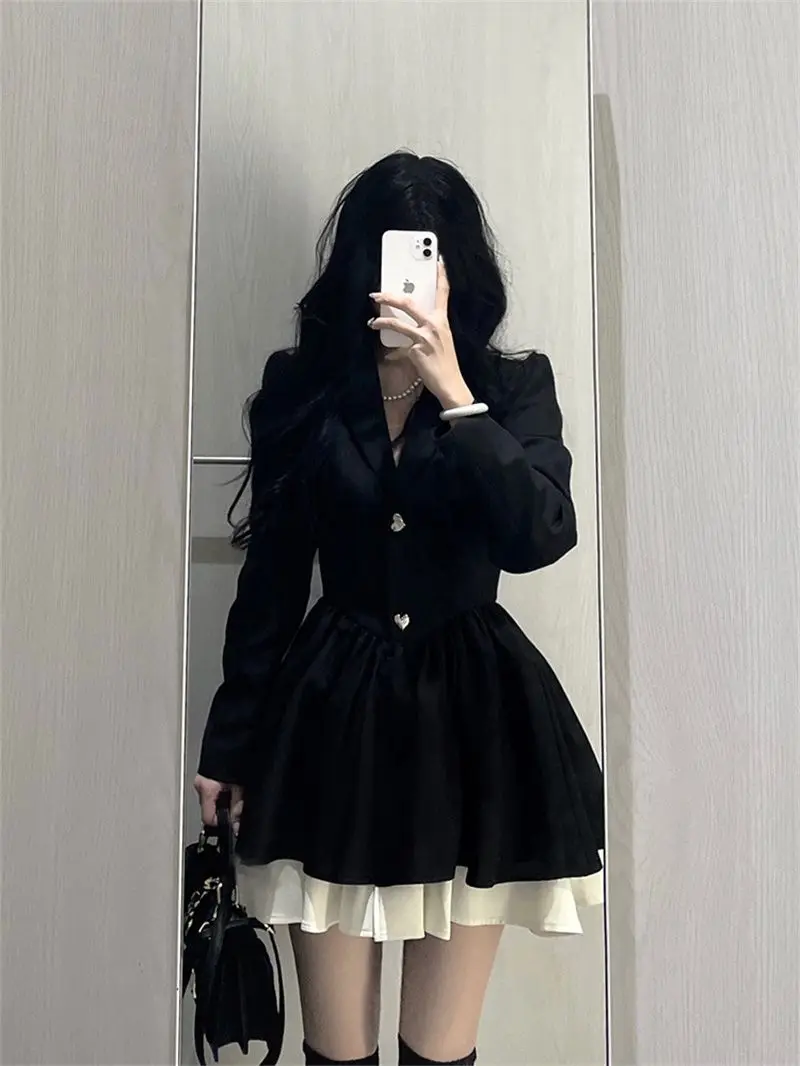 French High-end Temperament Black Suit Dress Women\'s Plus Size Waist Cinched Princess Puffy Skirt