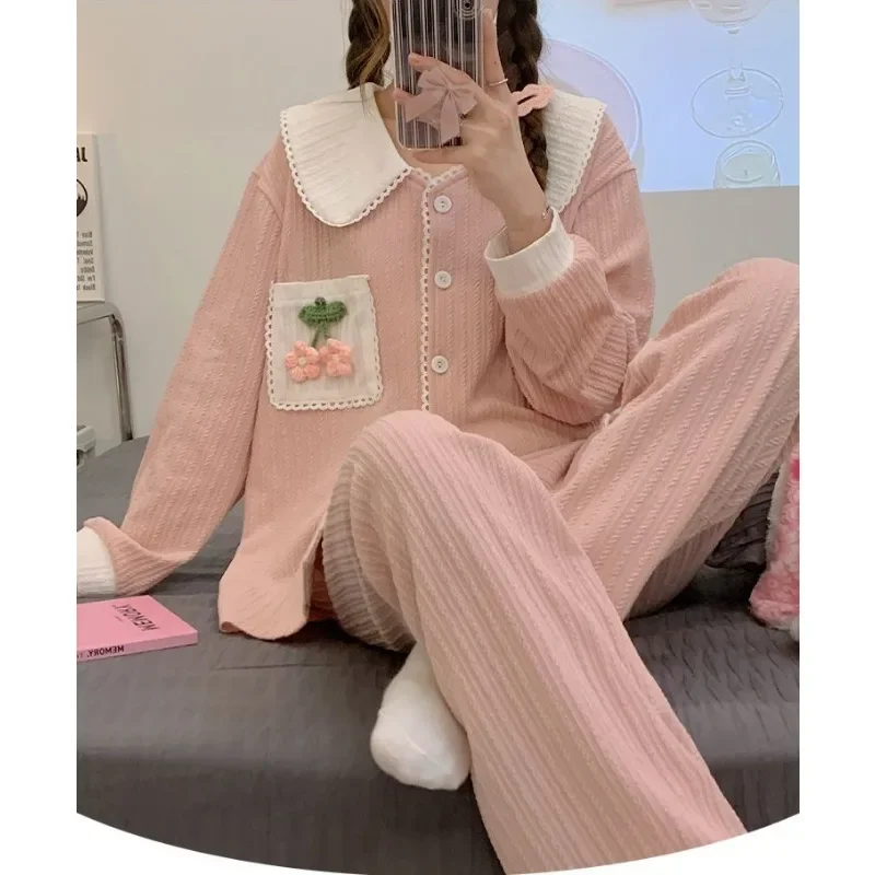 Cotton Sleepwear Women Long Sleeve Pajamas Sets Cardigan Kawaii Clothes Spring Autumn Nightwear Korean Homewear Set Pants