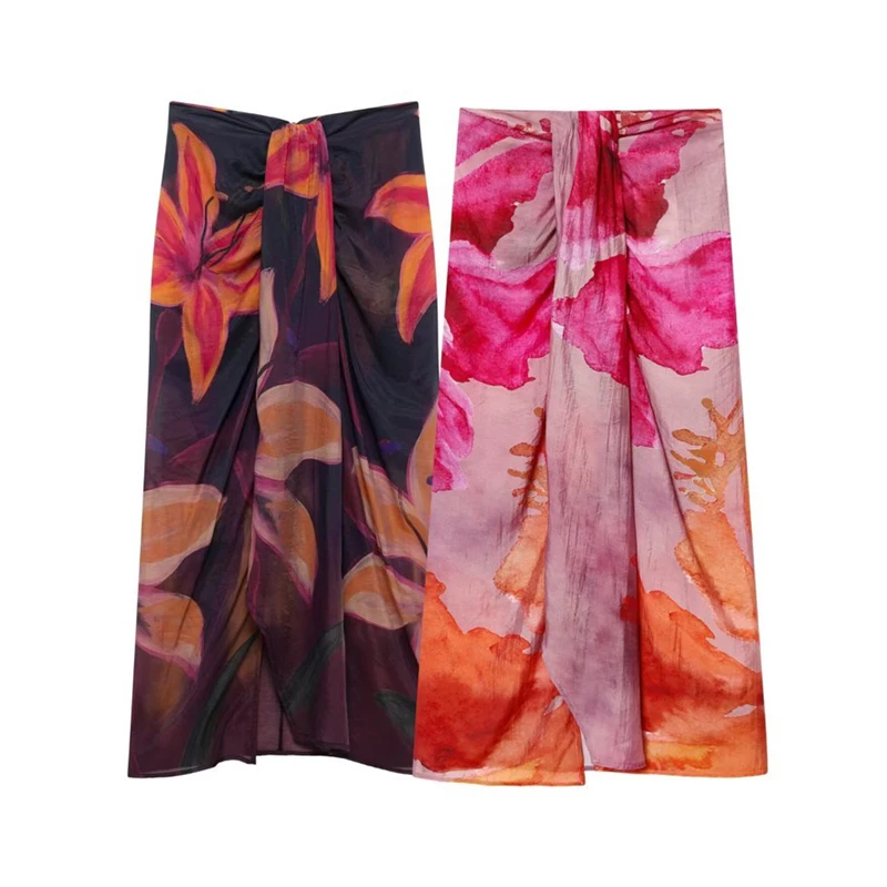 

Vintage Print Floral Split Skirt Women Fashion Casual Asymmetric Lace-up Pleated Long Skirts 2025 New Summer Beach Midi Skirts