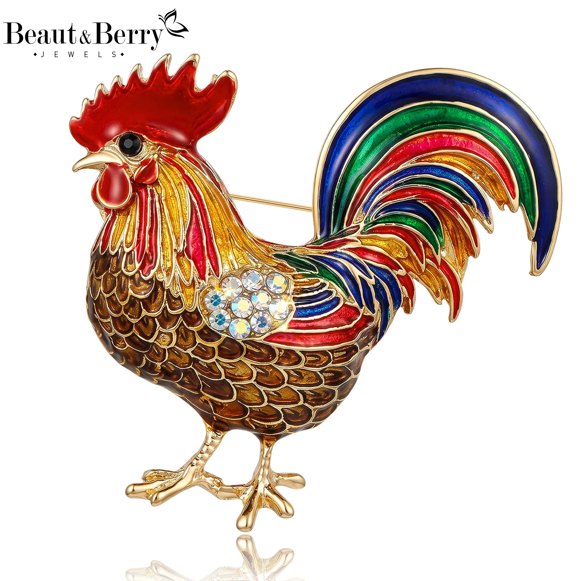 Beaut&Berry Luxury Enamel Colour Rooster Brooches for Women Unisex Animal Pins Casual Party Jewelry Accessories Gifts Decoration