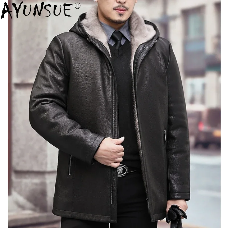 

AYUNSUE Genuine Deerskin Men Leather Jacket Luxury Hooded Winter Mink Fur Liner Fur Coat Warm Leather Jackets Jaqueta Masculina