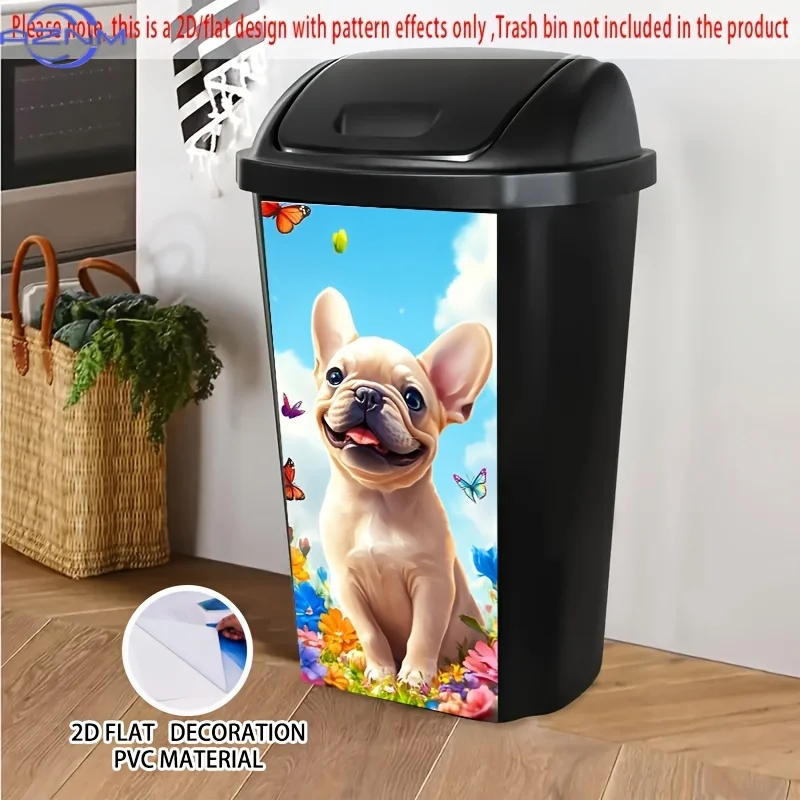 1pc  French Bulldog & Butterflies Self-Adhesive Dustbin Sticker, Creative PVC Decorative Sticker for Bins, Walls, Kitchen - No