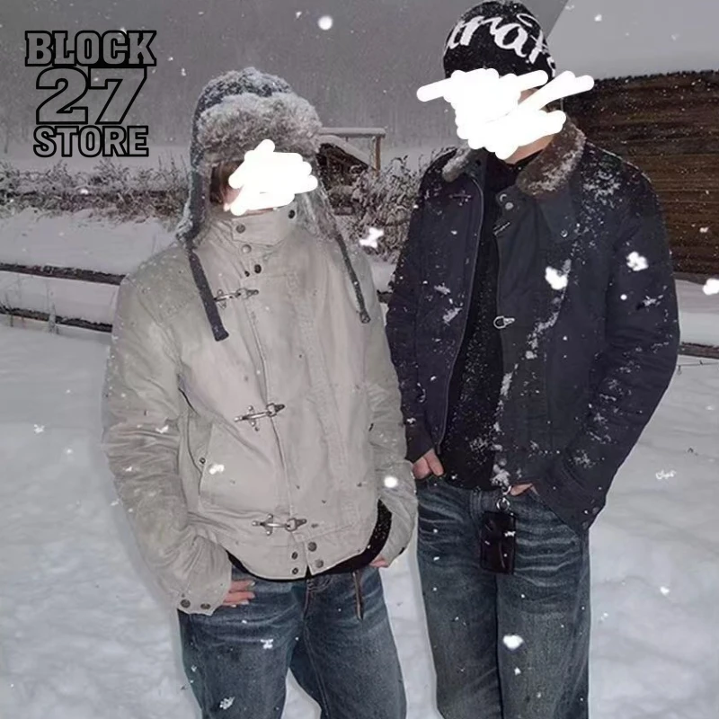 

Mens Jacket Harajuku Autumn Winter Thick Deconstructed Aviator Buckle Workwear Coat Retro Short Wide Lapel Streetwear Casual New