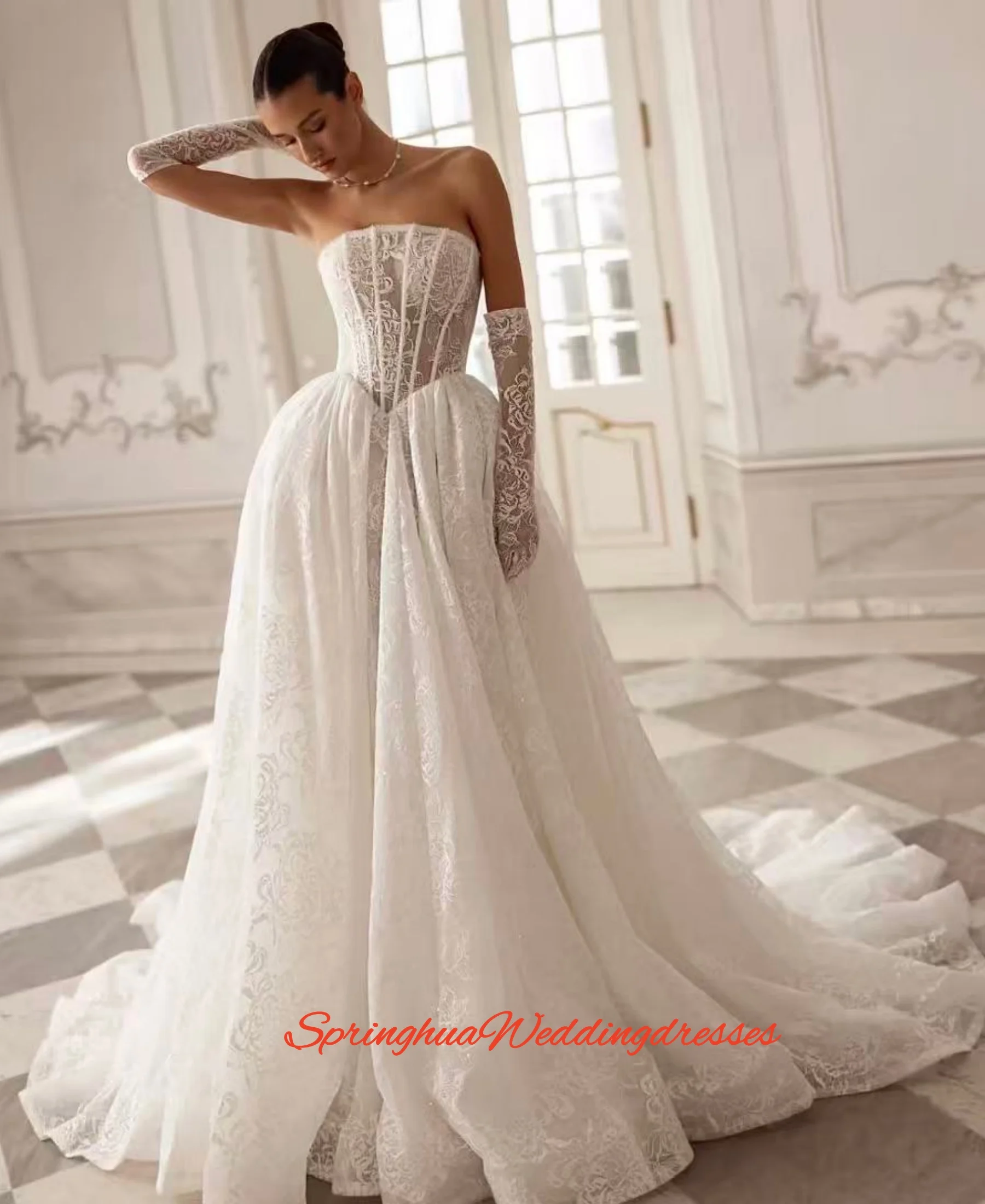 

Customized Luxury Wedding Dresses Women's A Line Sexy Shiny Bridal Gowns Sweep Train Sequined Sleeveless Tulle Vestidos De Novia