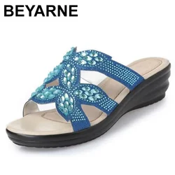 BEYARNENew Stylish Comfortable Cow Leather Shoes Casual Sandals Fashion Rhinestone Summer Shoes Sandals Women Slippers Plus Size