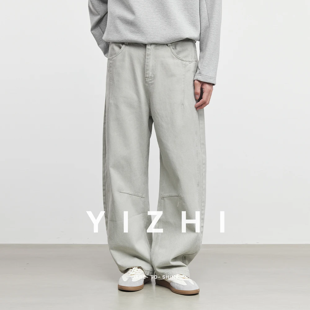 

2025 Spring and Autumn New Men's Scimitar Casual Pants Fashion Newk Design Loose Straight Pure 100% Cotton Men's Wide Leg Pants