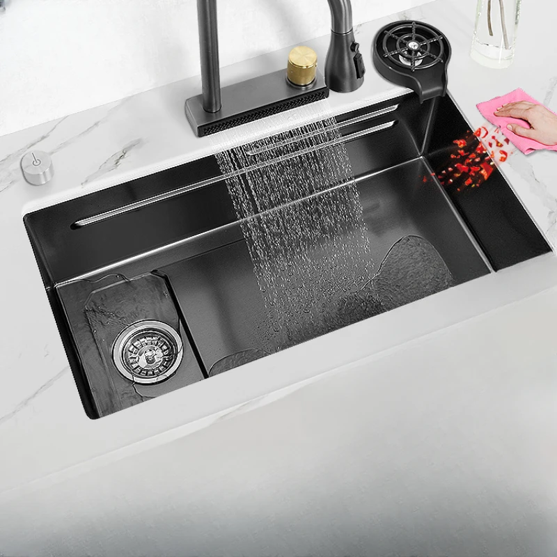 

Black 304 stainless steel Feiyu Waterfall sink, large single slot, handmade kitchen sink, under table sink, vegetable sink, and