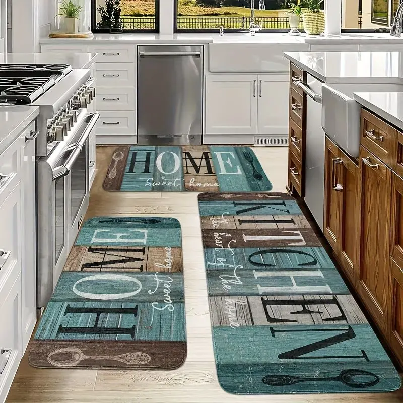VIKAMA Rustic Wood Grain Kitchen Rug Sweet Home Kitchen Themed Non Slip Machine Washable Laundry Room Mat Entryway Home Decor