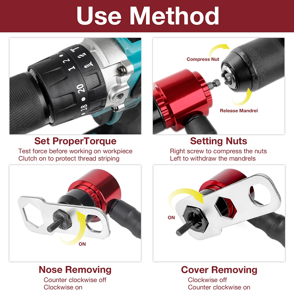 M3 M4 M5 M6 M8 Haushaltsmutter-Nietmaschine, Industriequalität DIY Plug-in-Mutter-Schnellnietwerkzeug, elektrischer Nietmutter-Pistolen-Konverter, kabellose Mutter-Nietmaschine, verwendet mit elektrischer Bohrmaschine