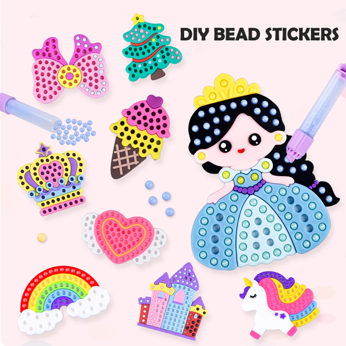 Handmade Set Beads Pen DIY Girls Toys, Creative Production Sticker Princess Rainbow Bow Girl Gifts Toy for Kids