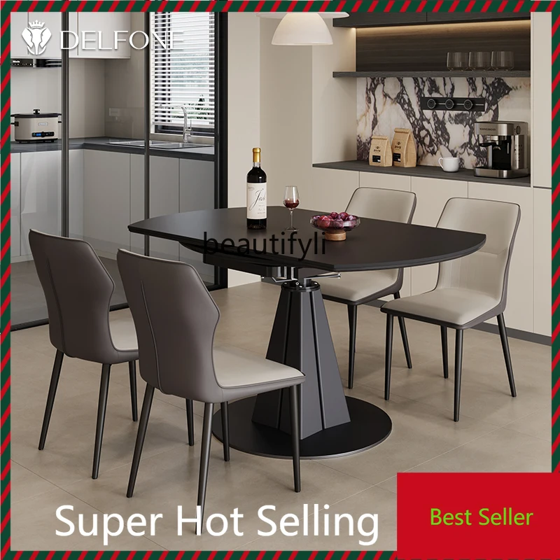 

G1218 G1218 Rotating and retractable rock slab dining round table, household dining table and chairs, square becomes round