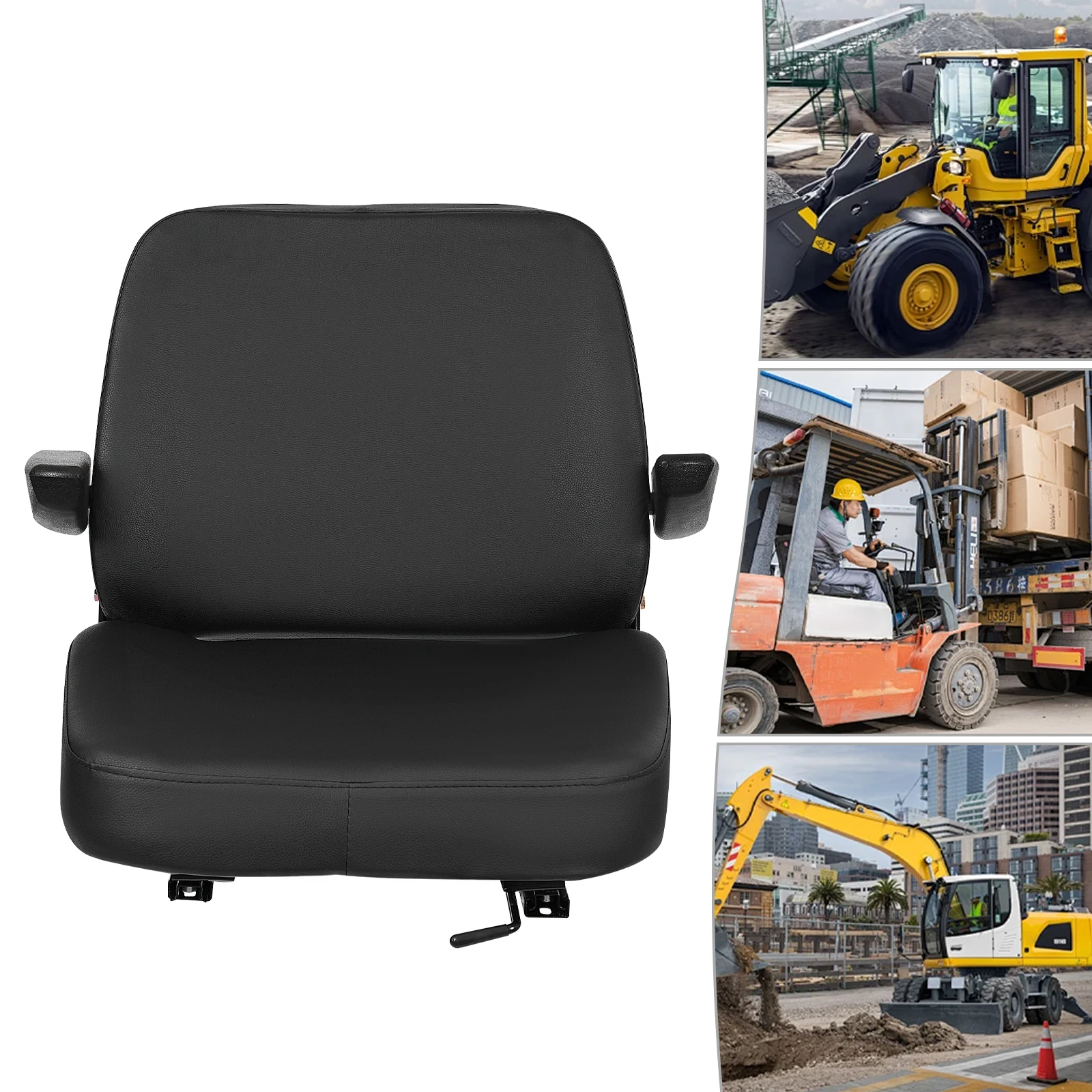 

Forklift Seat with Armrest Universal Driver Side Tractor Seat Black Capacity 100kg Adjustable Bulldozer Lawnmower Seat
