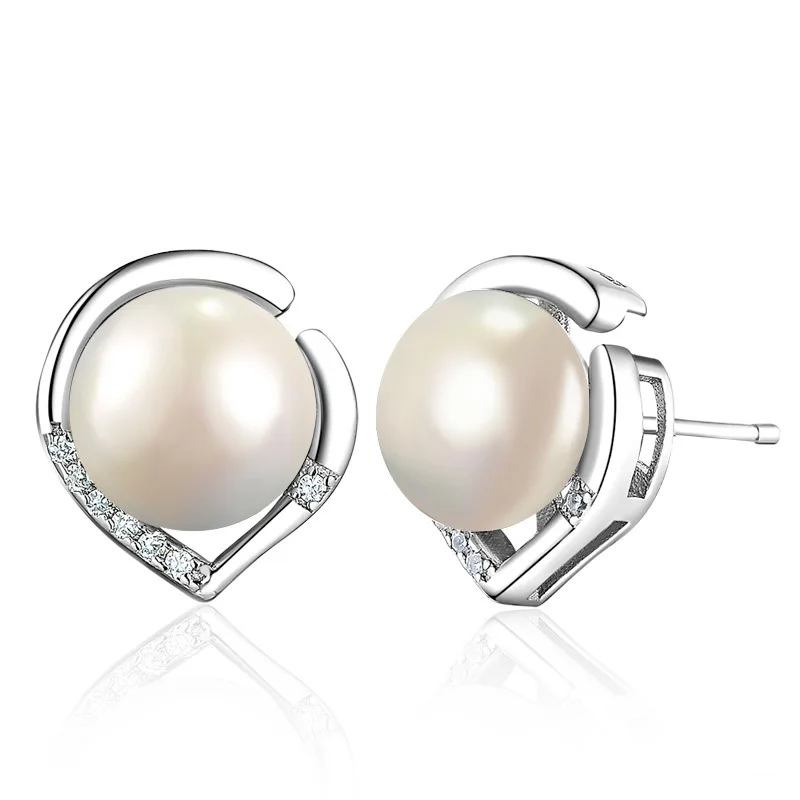 

925 Sterling Silver Heart Setting Freshwater Pearl Earrings for Women