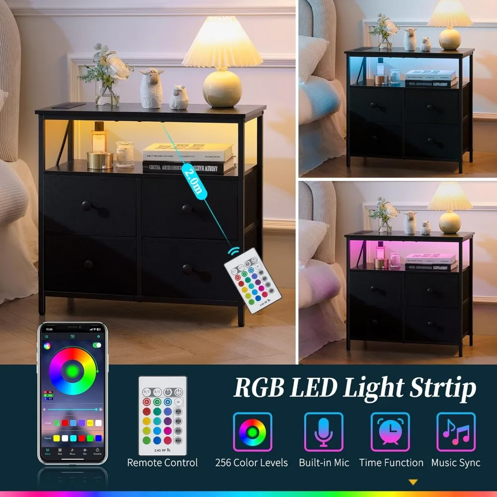 충전 스테이션이 있는 나이트 스탠드, 서랍 4개가 있는 침대 옆 테이블, 수납 선반이 있는 LED 화장대, 나이트 스탠드