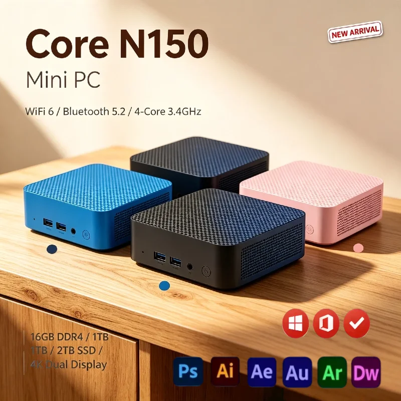 Intel Core N150 Portable Mini PC 16GB DDR4 2TB M.2 NVMe SSD Triple 4K Monitor WiFi6 BT5.2 Silent Cooling Home Office Ultra