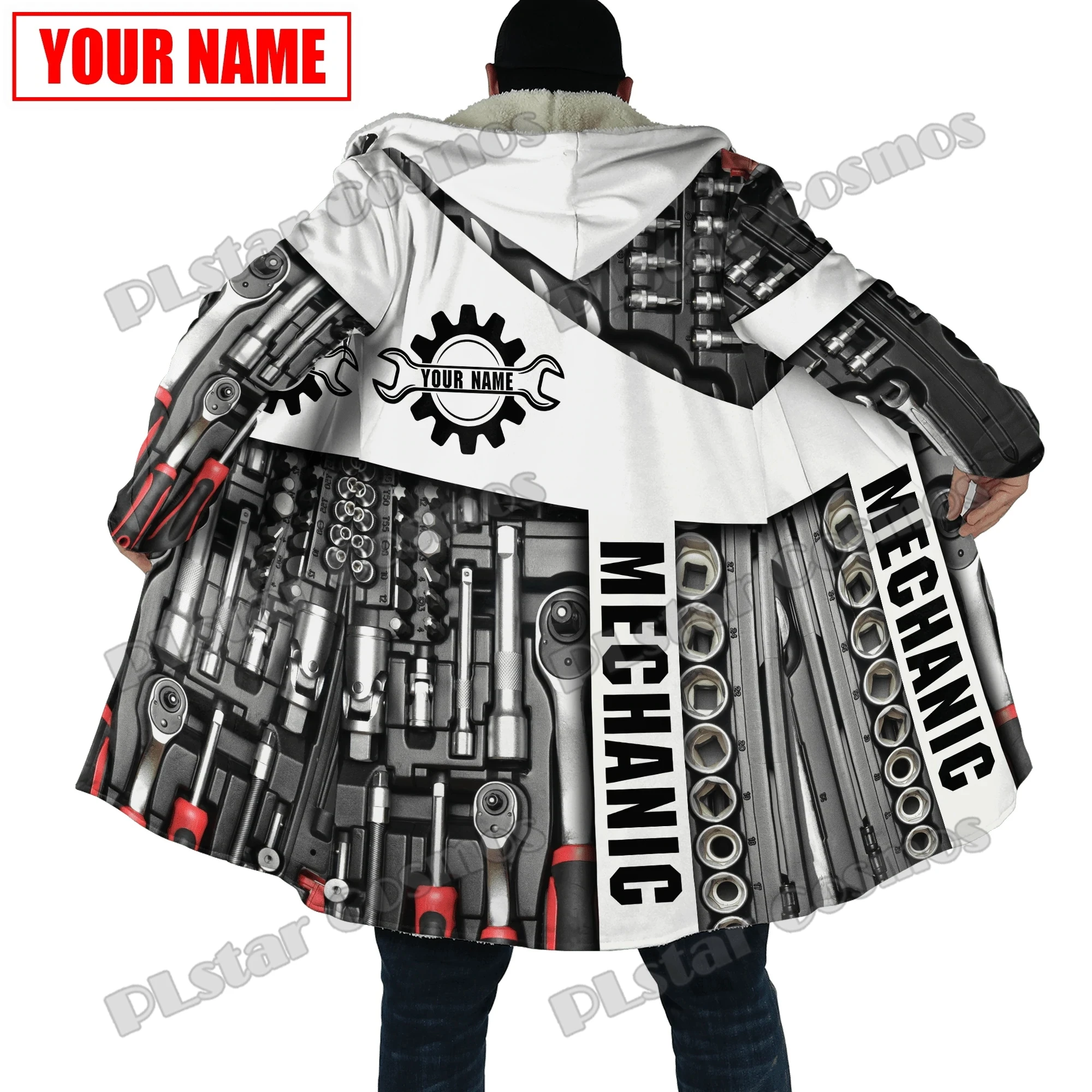 Winter Fashion Mens Cloak Personalized Name Mechanic 3D Printed Fleece Hooded cloak Unisex Casual Thick Warm Cape coat PJ06