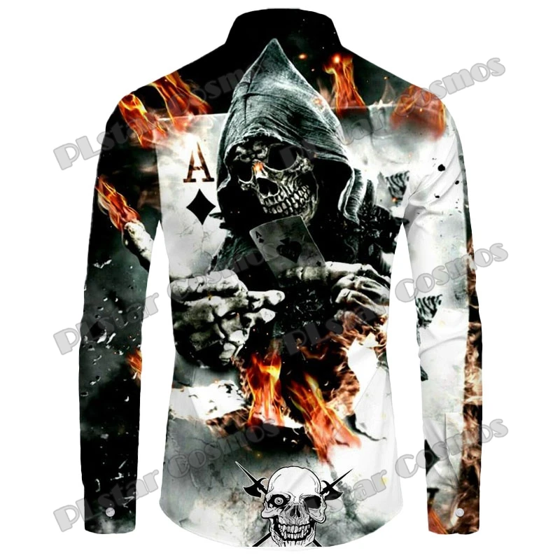 PLstar Cosmos The Dark Poker Skull 3D Printed Fashion Men's Long Sleeve Button Down Shirts Spring Mens Casual Lapel Shirt CXS24