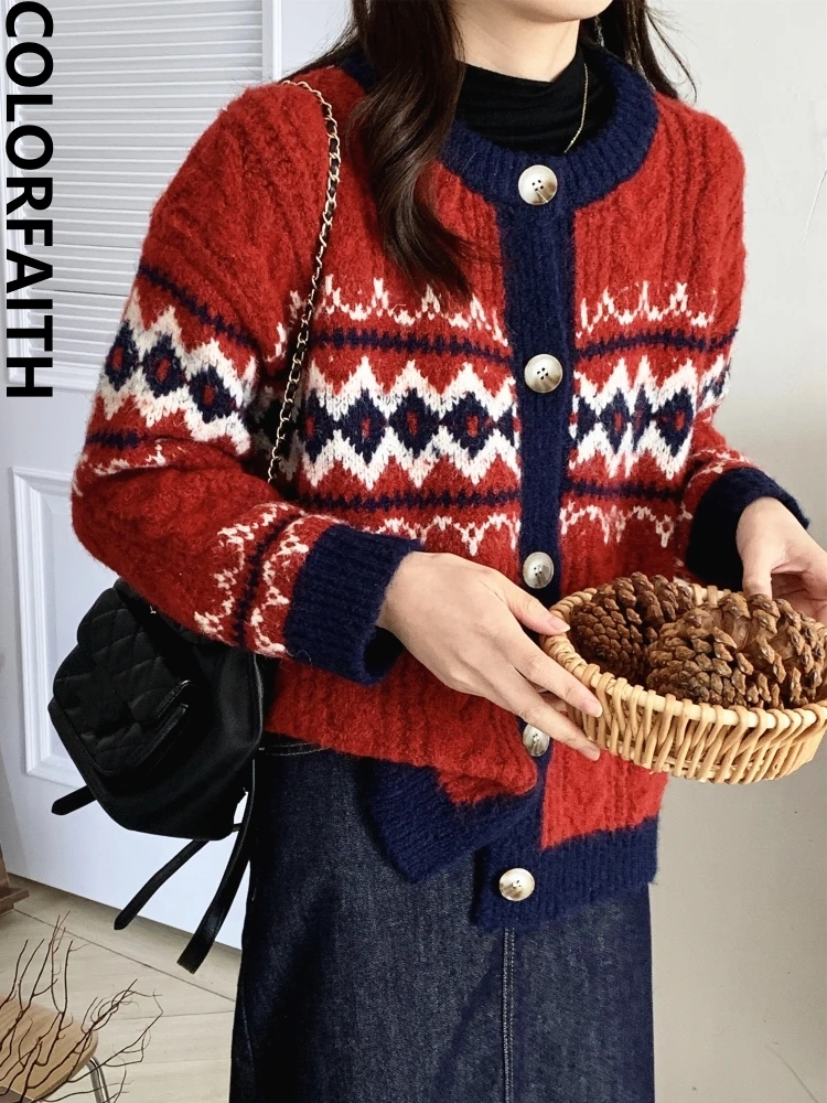 

Colorfaith SWC4057JX New 2022 Chic Korean Fashion Christmas Sweaters Buttons Cardigans Elegant Vintage Women Autumn Winter Tops