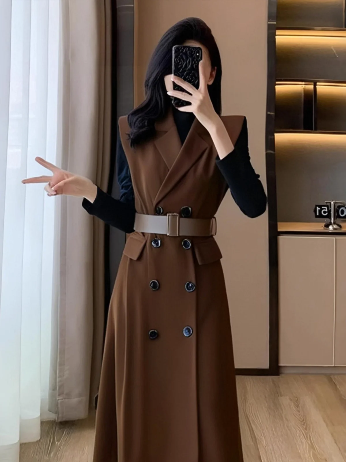 

Elegant Commute Inspired Double Breasted Suit And Dress Two Piece Set Fashionable Workwear Polyester Long Sleeve Collar