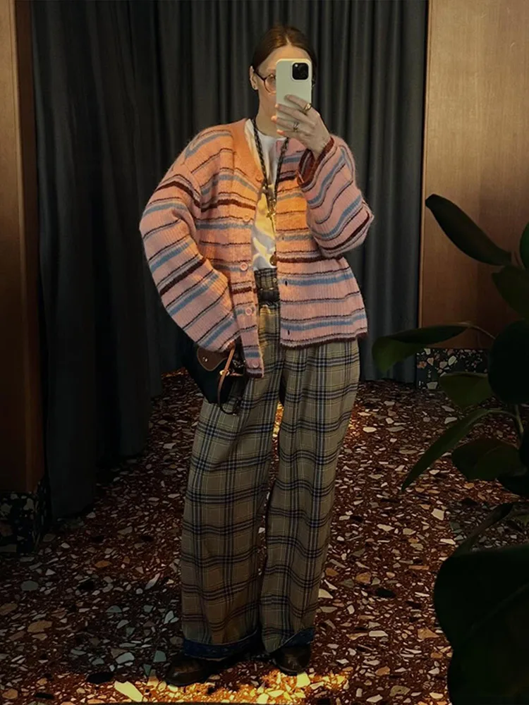 Geknöpfter, lockerer Damen-Strickschal-Cardigan mit Streifen, langen Ärmeln, O-Ausschnitt, weicher Pullover, Herbst-Winter, vielseitige Strickware 2026 für Damen