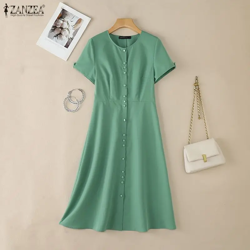 ZANZEA Damen Sommerkleid, lässiges O-Ausschnitt-Kurzarmkleid, Urlaubskleid, Midi-Robe, elegantes, einfarbiges OL-Arbeitskleid, Knopfleiste, Vestido