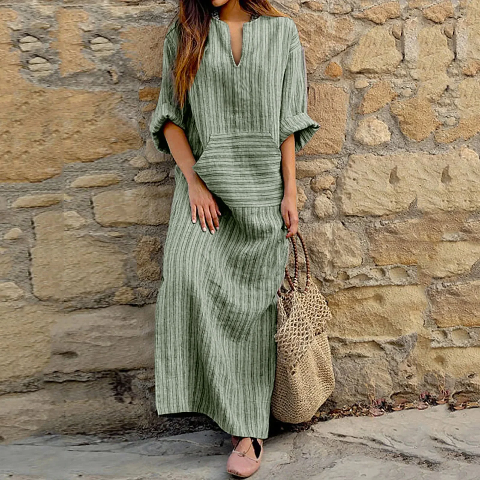 

Summer Soft Breathable Cotton Line Long Dress for Women Loose Striped Printed Holiday Maxi Dress Ladies Boho Beach Dresses