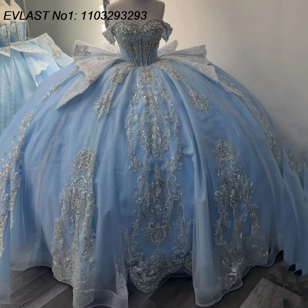 

EVLAST Customized Elegant Blue Quinceanera Dress Ball Gown Shiny Lace Applique Beading Bow Sweet 16 Vestidos De 15 Anos E1QN500