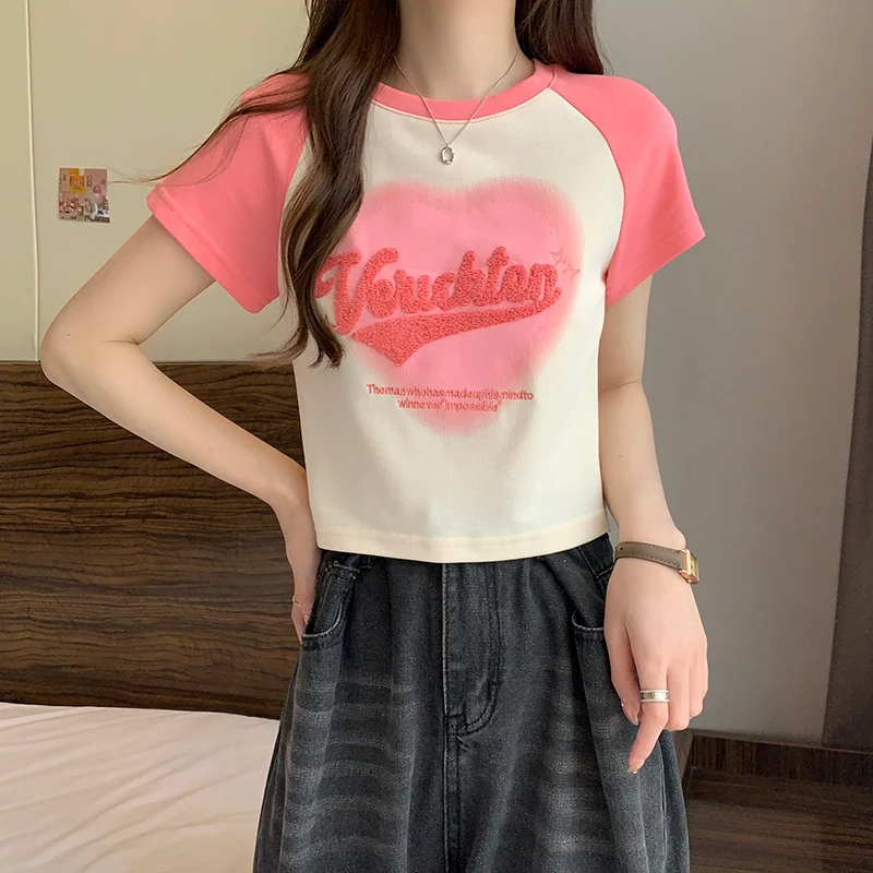 Cotton Thread 210g Summer Korean New T Shirts Women Slim Tops O Neck Embroidery Large Size Short Sleeve Tees Tide