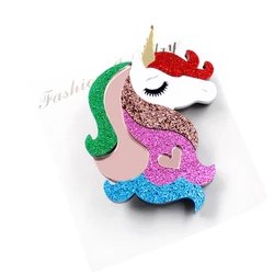 BR109 Acrylic Unicorn Brooch Safty Pin Glitter Rainbow Unicorn Acrylic Brooch