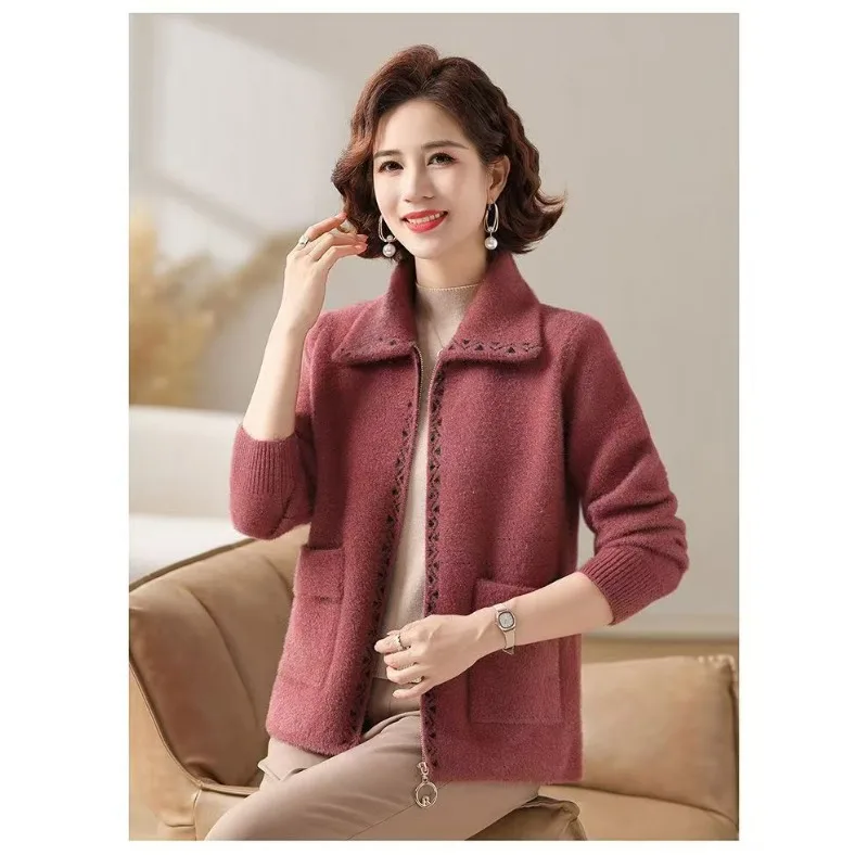 秋と冬の女性のジッパーカーディガンフロッキーポケットコートソリッドカラーカジュアルエレガントファッショントップ