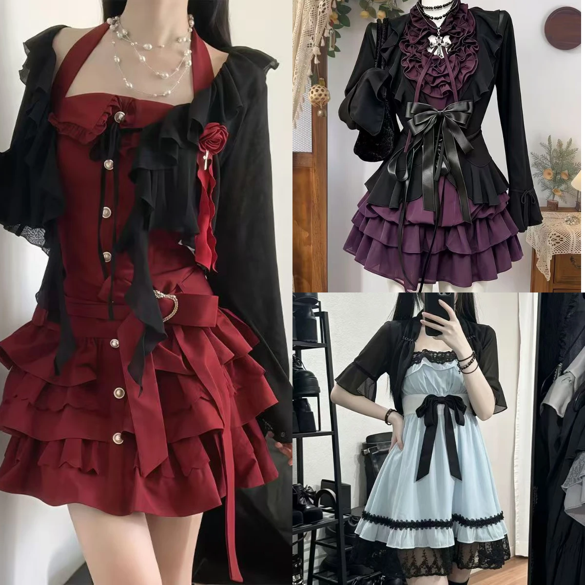 Stylish Punk Party Lolita 2 Piece Set Women Sweet Short Cardigan Japanese Y2K Retro Mini Dress Harajuku Party Outfits