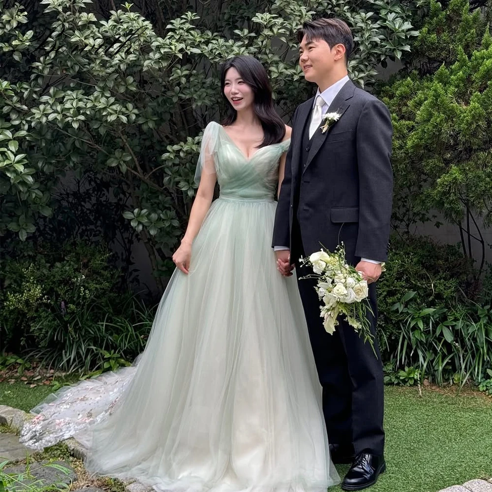 

Bowith Mint Green Korean Wedding Snap Dresses Customized 2025 Evening Party Dresses Sleeveless Women Wedding Dresses