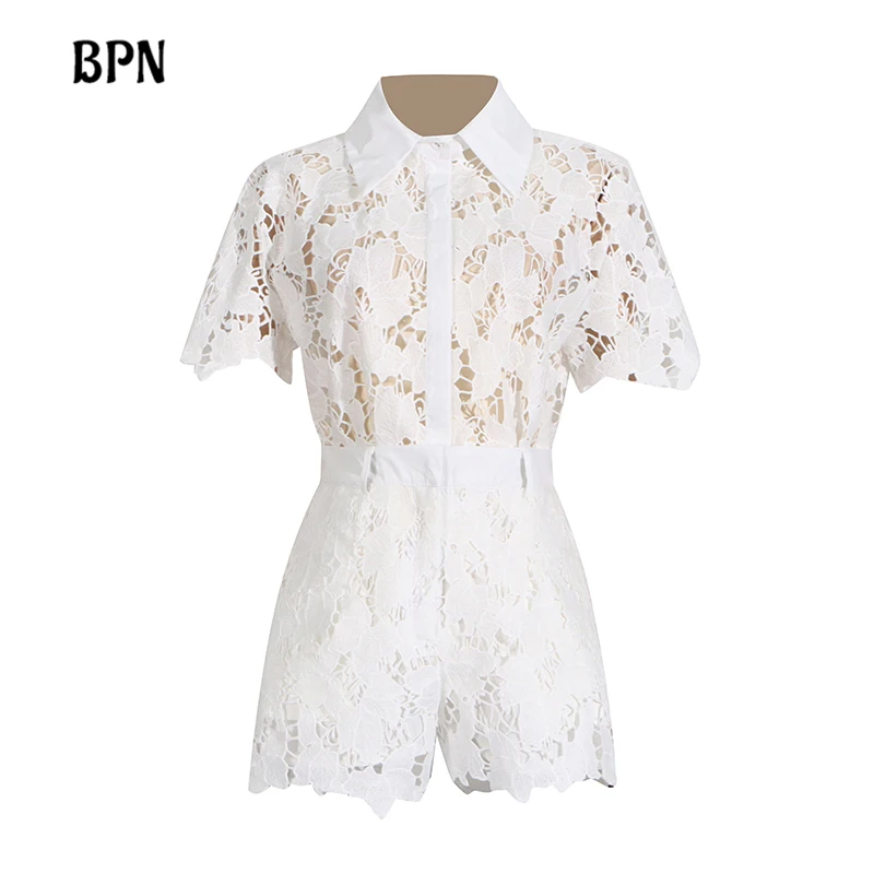 BPN Solid Hollow Out Two Piece Set For Women Lapel Short Sleeve Spliced Button Tops High Waist Wide Leg Short Casual Sets Female