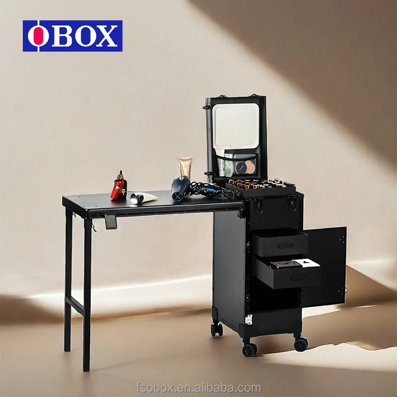 Customizable OEM Obox Nail Station With Multi-Color LED Mirror And Storage Drawers Movable Foldable Environmental Friendly