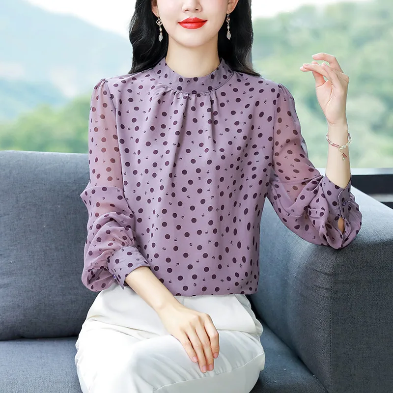 

Women's Korean Style Casual Polka Dot Chiffon Blouse Summer Long Sleeve Shirt Tops