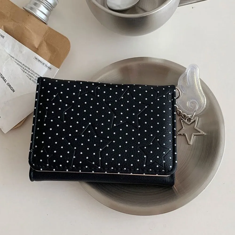 Slim PU Leather Polka Dot Trifold Wallet Lightweight 5 Card Slots Coin Purse ID Window Star Wing Pendant Mini Wallet Commute
