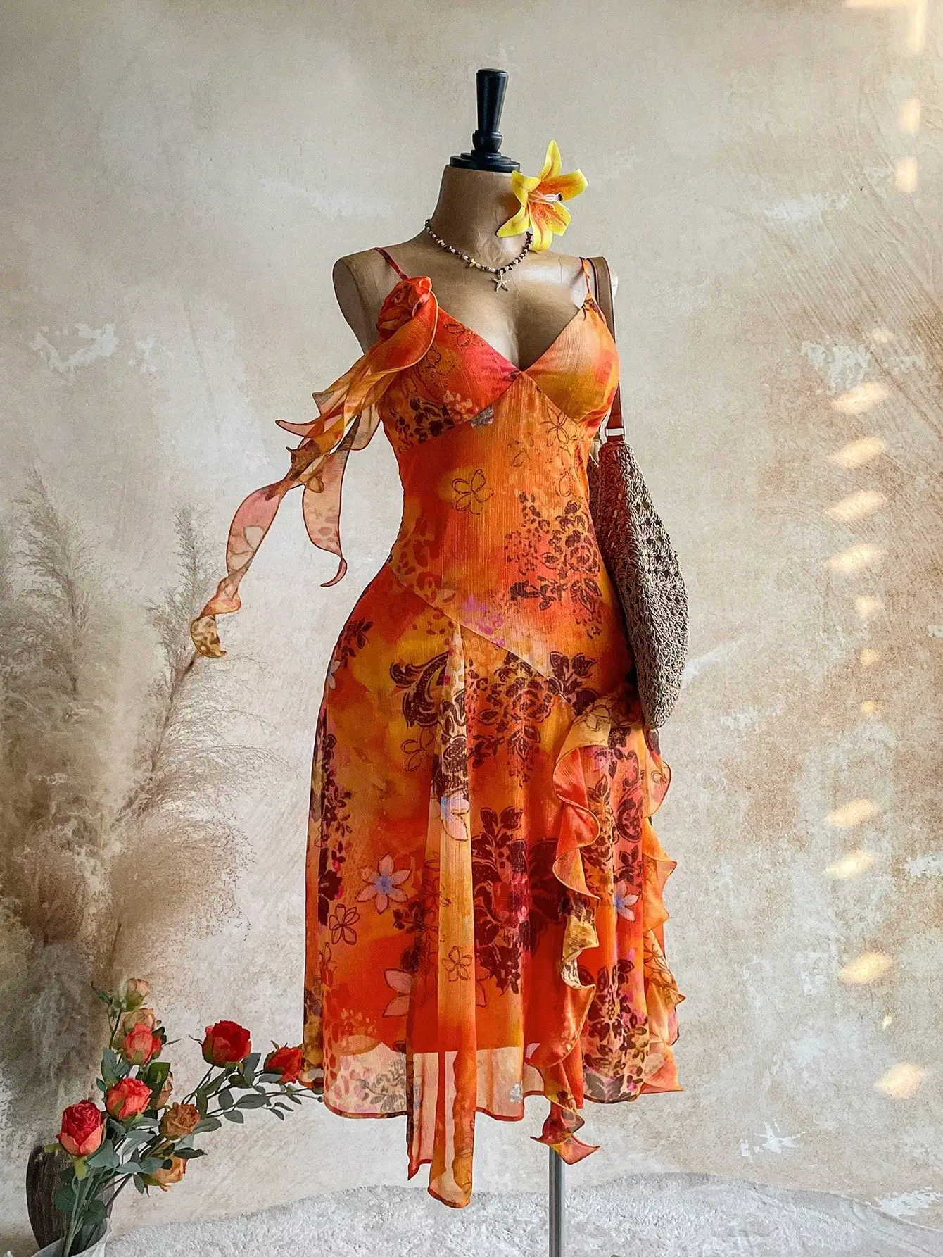 Boho Floral Chiffon Dress with Ruffles & V Neck, Vacation Ready Summer Midi