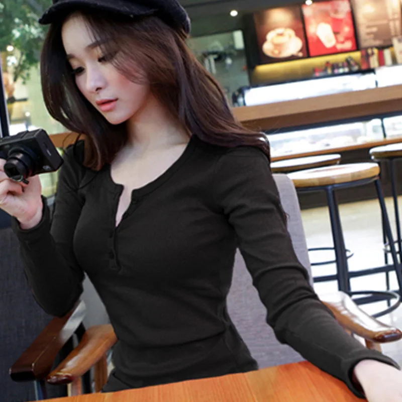 Spring Autumn Round Collar Long Sleeve Korean Slim Button Solid Color T-shirt Tops YMSGFZ-367